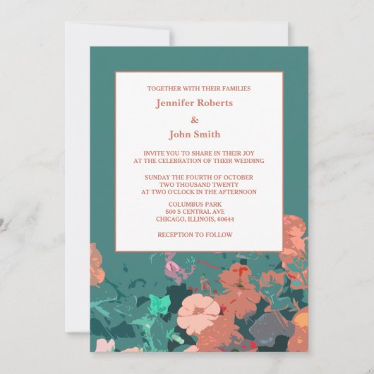 Orange Floral Peach Blume Grünes Leaf Art Wedding Einladung (Vorderseite)