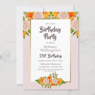 Orange Floral Pink 21. Geburtstag Party Einladung
