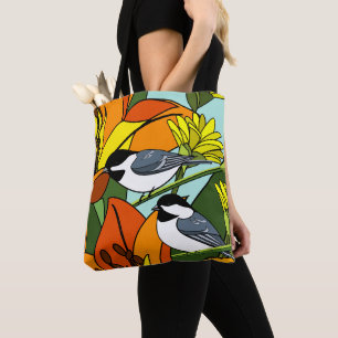 Orange Floral Print and Chickadees Tasche