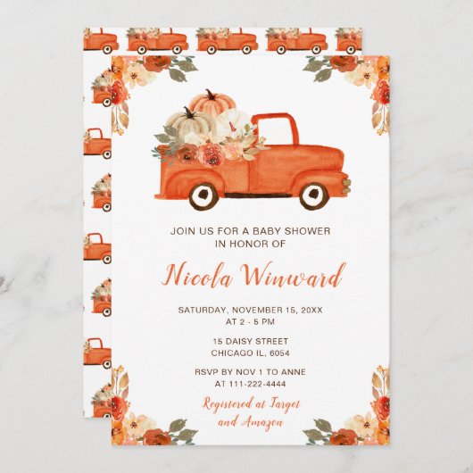 Orange Floral Pumpkin Truck Baby Dusche Einladung (Vorne/Hinten)