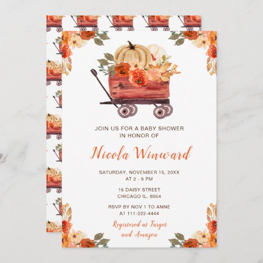 Orange Floral Pumpkin Truck Baby Dusche Einladung (Vorne/Hinten)