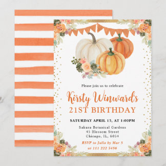Orange Floral Pumpkins Herbst 21. Geburtstag Einladung