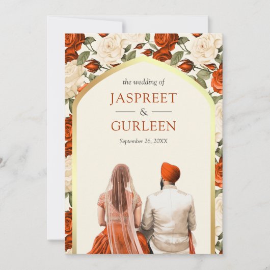 Orange Floral Punjabi Anand Karaj Sikh Wedding Einladung (Vorderseite)