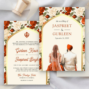Orange Floral Punjabi Anand Karaj Sikh Wedding Einladung
