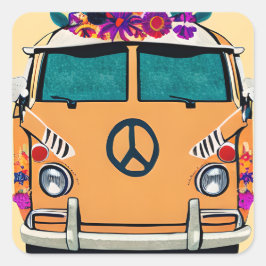 Orange Floral Retro Hippie Van Vintag Art Quadratischer Aufkleber