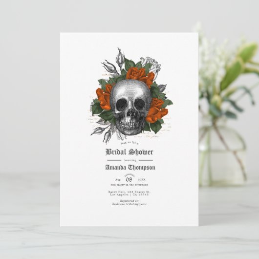 Orange Floral Skull Gothic Brautparty Einladung (Stehend Vorderseite)