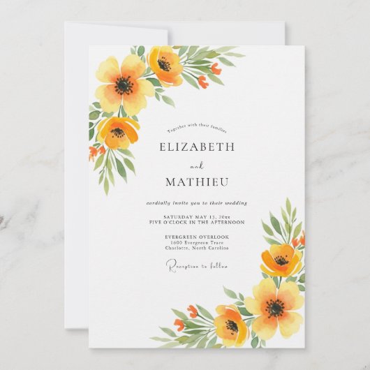 Orange Floral Spring Wedding Einladung (Vorderseite)