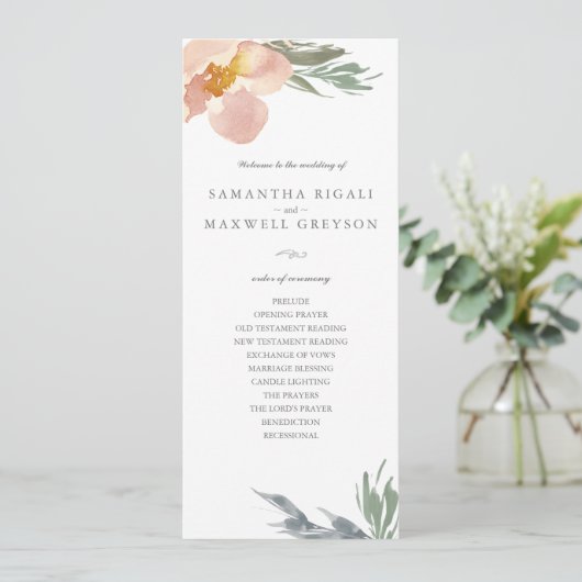 Orange Floral Tea Length Wedding Programm (Stehend Vorderseite)
