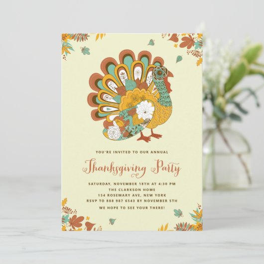 Orange Floral Türkei Erntedank Party Einladung (Stehend Vorderseite)