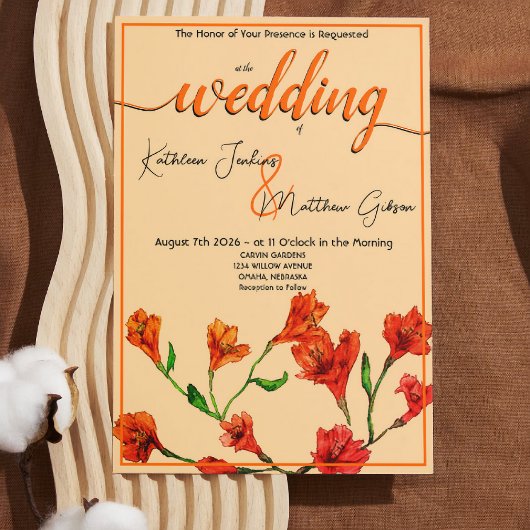 Orange Floral Watercolor Hochzeit Einladung