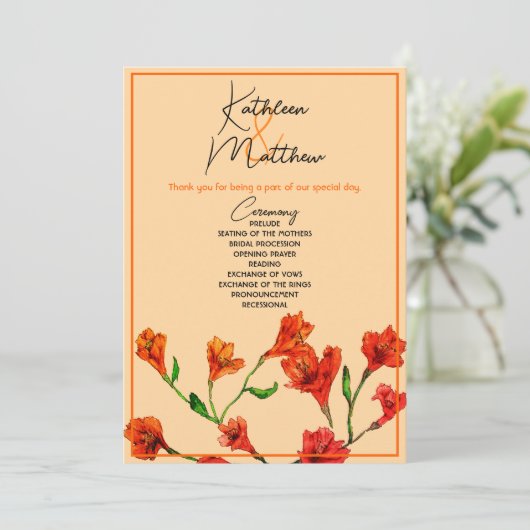 Orange Floral Watercolor Hochzeit Programm (Stehend Vorderseite)