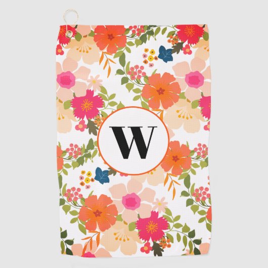Orange Floral Watercolor Monogram Golfhandtuch (Vorderseite)
