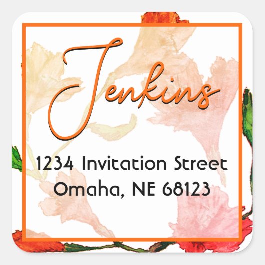 Orange Floral Watercolor Square Sticker (Vorderseite)