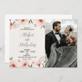 Orange Floral Wedding Einladungen mit Foto (Vorne/Hinten)