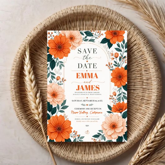 Orange Floral Wedding Invitation Save The Date
