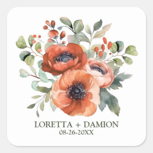 Orange Floral Wedding Quadratischer Aufkleber