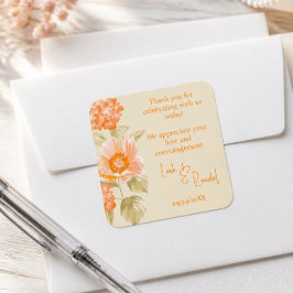 Orange Floral Wedding Quadratischer Aufkleber