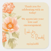 Orange Floral Wedding Quadratischer Aufkleber (Vorderseite)