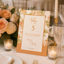 Orange Floral Wedding Tischnummer Sign Sockelschild