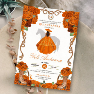 Orange Floral Western Charra Quinceanera Einladung