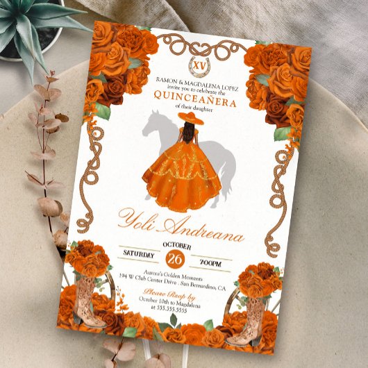 Orange Floral Western Charra Quinceanera Einladung