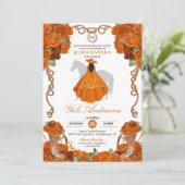 Orange Floral Western Charra Quinceanera Einladung (Stehend Vorderseite)
