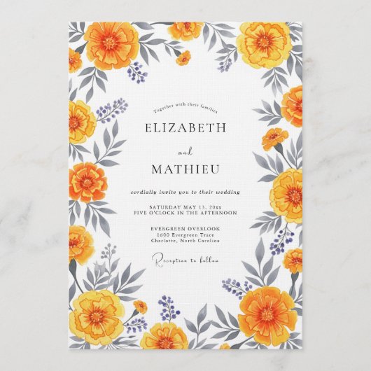 Orange Floral Whimsy Wedding Einladung (Vorderseite)