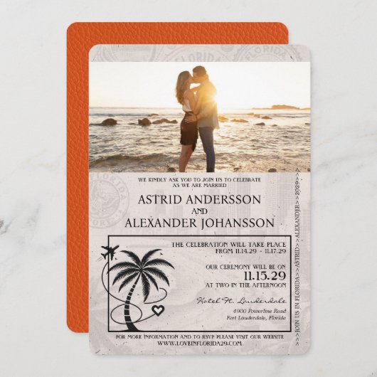 Orange Florida Passport Hochzeitseinladung Einladung (Vorne/Hinten)