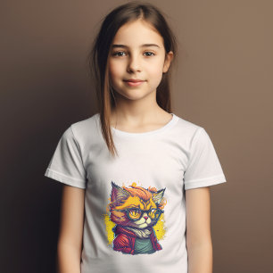 Orange Fluffy Cat in Red Jacket and Glasses T-Shirt