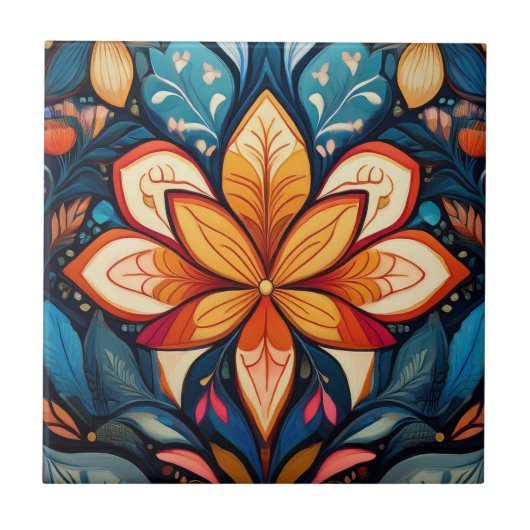 Orange Folk Blume Fliese (Vorderseite)