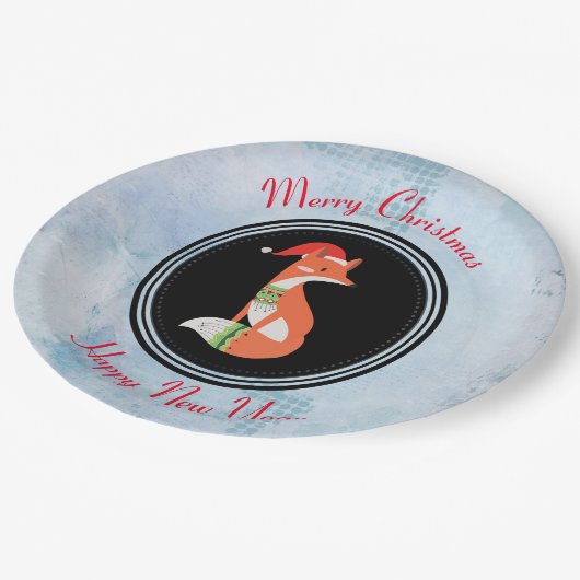 Orange Fox in Roter Weihnachtsmannmütze Frohe Weih Pappteller (Schrägansicht)