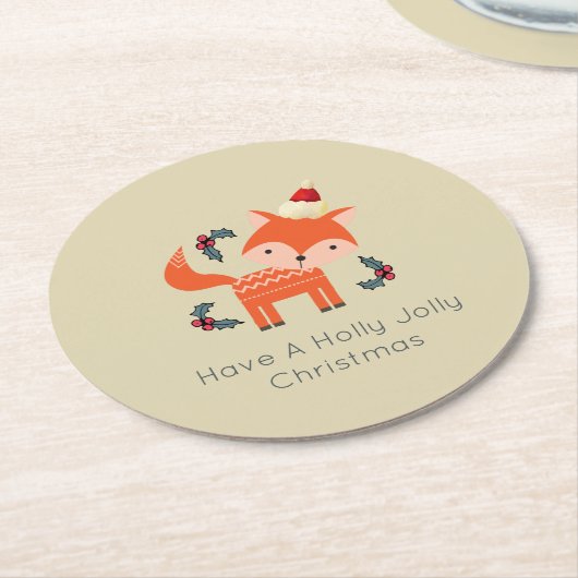 Orange Fox in Weihnachtsmannmütze Niedliche Whimsi Runder Pappuntersetzer (Angewinkelt)