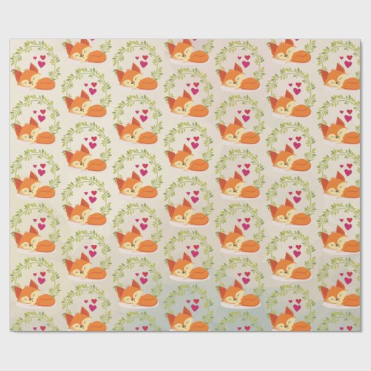Orange Fox mit roten Herzen und einem grünen Kraut Geschenkpapier (Flach)