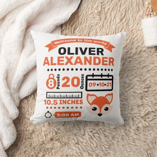 Orange Fox Neuborn Baby Birth Stats Kissen (Decke)