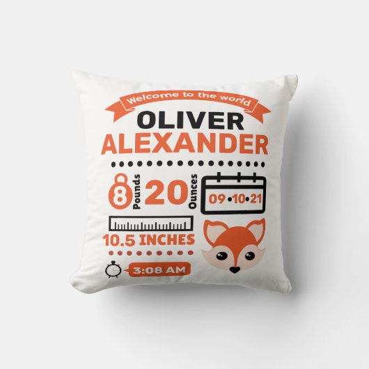 Orange Fox Neuborn Baby Birth Stats Kissen (Vorderseite)