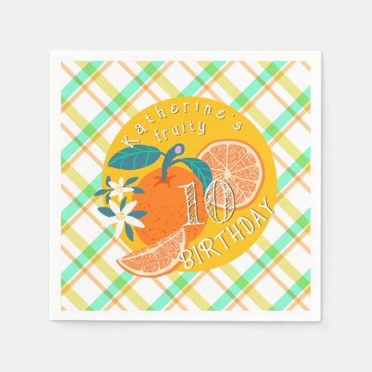 Orange Frucht Kariert Geburtstag Serviette (Vorderseite)