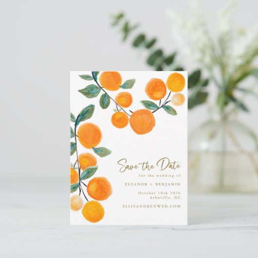 Orange Fruchtskript für Wasserfarben Save the Date Postkarte (Stehend Vorderseite)