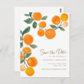 Orange Fruchtskript für Wasserfarben Save the Date Postkarte (Vorne/Hinten)