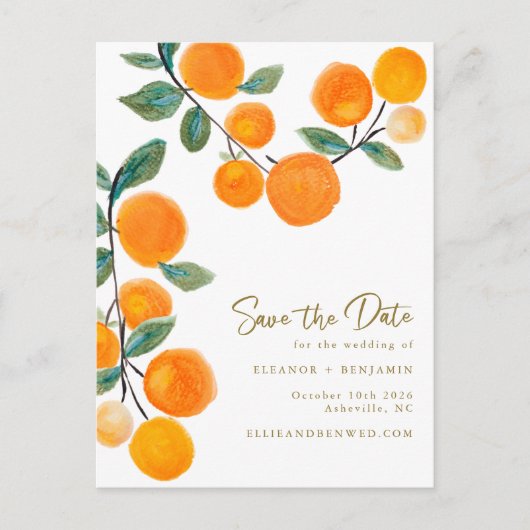 Orange Fruchtskript für Wasserfarben Save the Date Postkarte (Vorderseite)