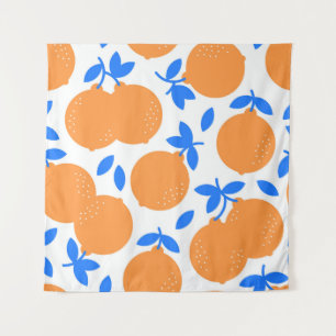 Orange Fruit: Exquisite blauweiße Muster. Wandteppich