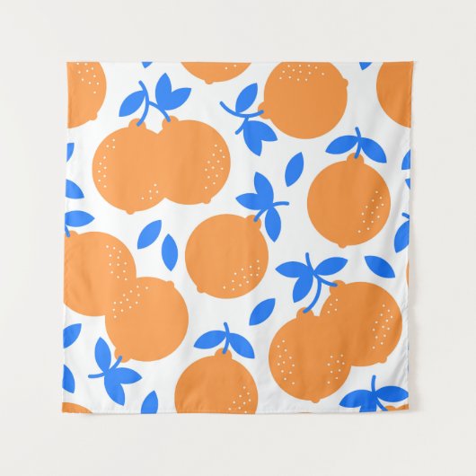 Orange Fruit: Exquisite blauweiße Muster. Wandteppich (Vorderseite)