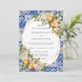 Orange Fruit Floral mediterrane Tiles Wedding Einladung (Stehend Vorderseite)