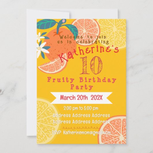 Orange Fruity Birthday Einladung (Vorderseite)