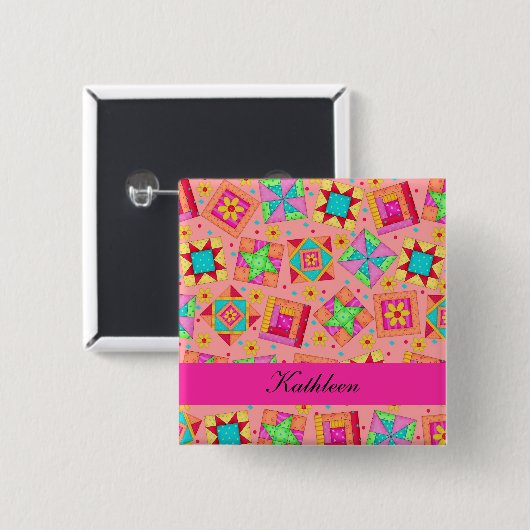 Orange Fuchsia Patchwork Quilt Blocks Name Abzeich Button (Vorne & Hinten)