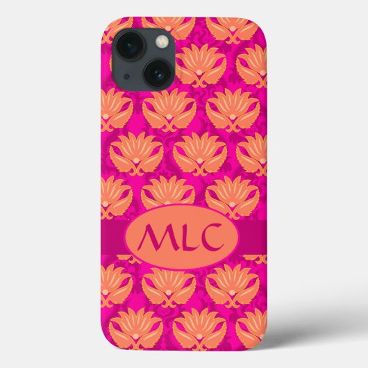 Orange Fuchsia Pink Art Nouveau Damask Monogramm Case-Mate iPhone Hülle (Rückseite)