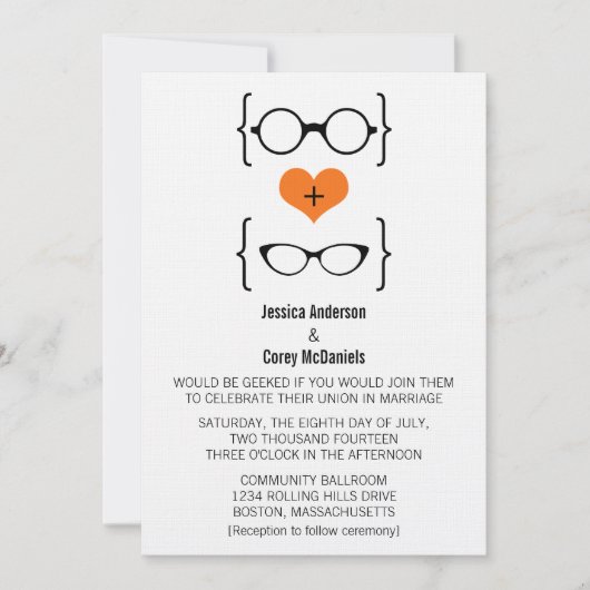 Orange Geeky Glasses Wedding Einladung (Vorderseite)