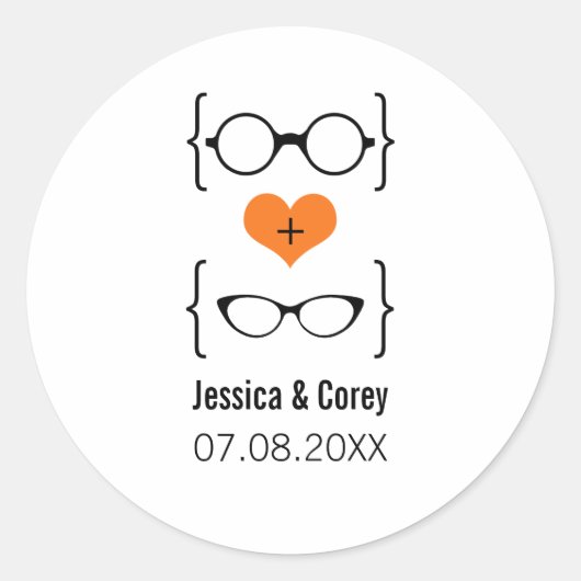 Orange Geeky Glasses Wedding Stickers (Vorderseite)