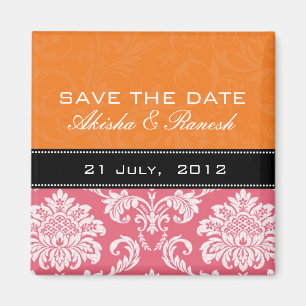 Orange Geißblatt-Damast-Save the Date Magnet