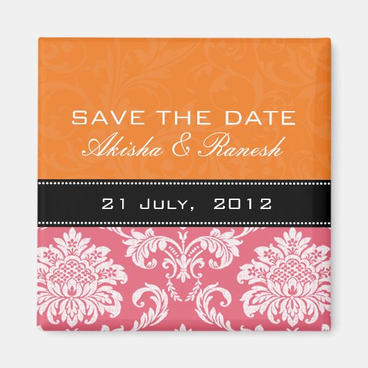 Orange Geißblatt-Damast-Save the Date Magnet (Vorne)
