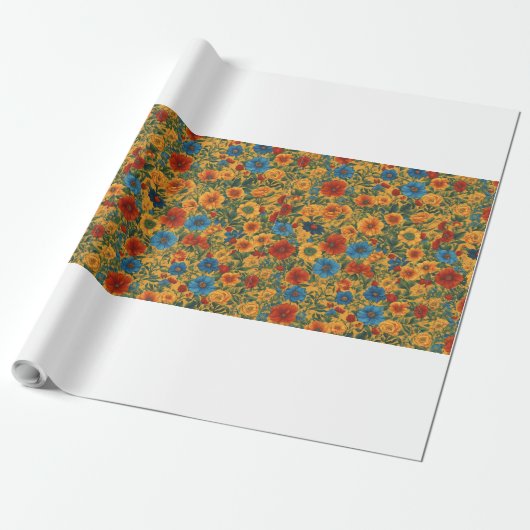 Orange, Gelb, Blau und Grüne Blumenmuster. Geschenkpapier (Ungerollt)